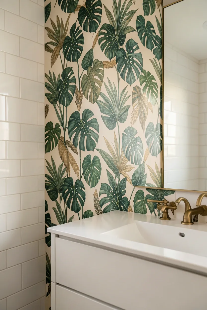 Bold botanical wallpaper with oversized monstera leaves in emerald and gold on a vanity feature wall, white subway tiles on remaining walls — rental bathroom aesthetic idea