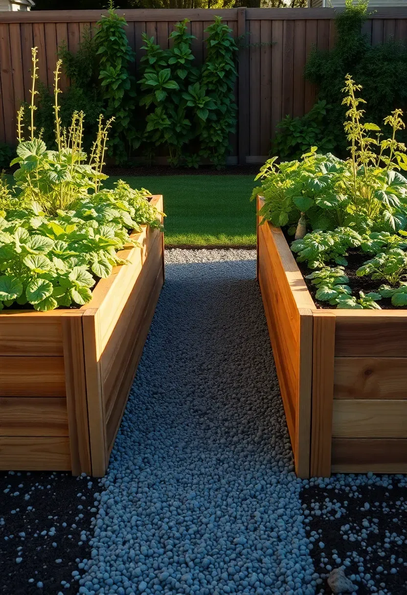 Two matching rectangular cedar raised garden beds side by side in a sunny backyard, filled with lush vegetable plants and bordered by a gravel path