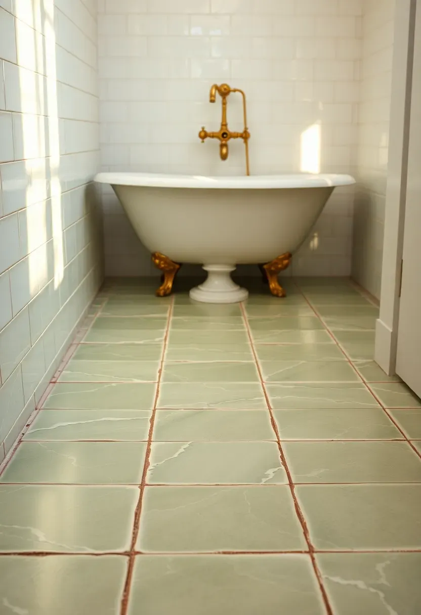 Zellige-inspired glazed floor tiles in a bathroom soft green handmade irregular surface catching light at different angles