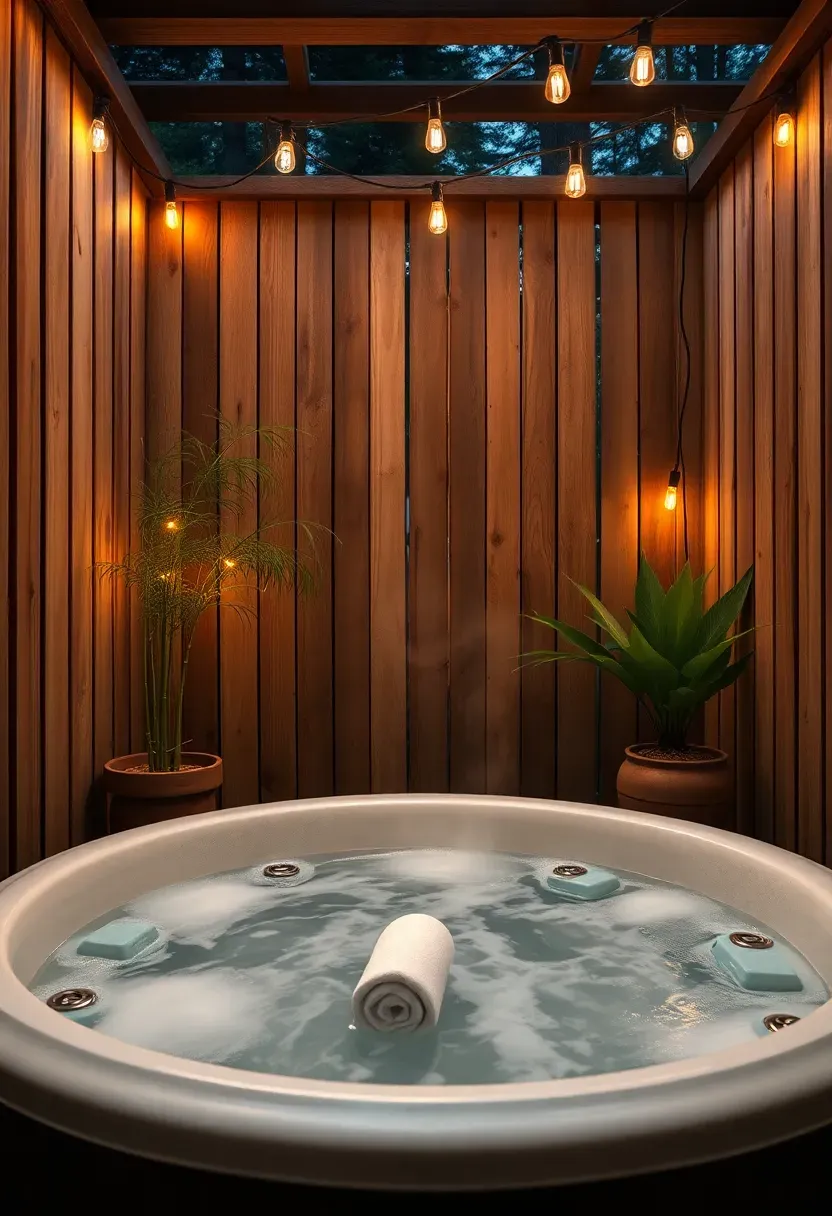 Cedar-screened hot tub alcove with string lights and tropical plantings creating a private backyard oasis spa corner