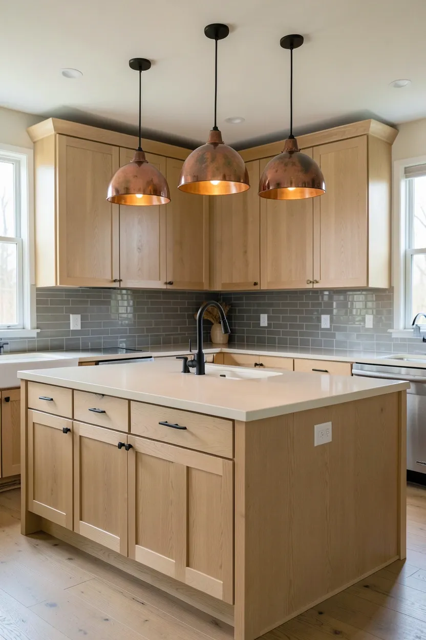 Hyper-realistic wide shot of a modern fall kitchen with mixed metal finishes. Light oak shaker cabinetry throughout with brass cabinet pulls. Three copper pendant lights with visible patina hang over island. Matte black faucet at sink. Matte black bar pulls on island drawers. Large island in light oak with waterfall edge. Warm cream quartz countertop. Warm gray subway tile backsplash. Natural light from windows. Clean surfaces. No text, no logos, no watermarks.</p>