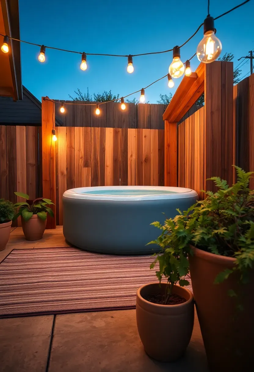 An inflatable hot tub on a decorated patio with a wood-look surround frame outdoor rug string lights and potted plants making it look upscale