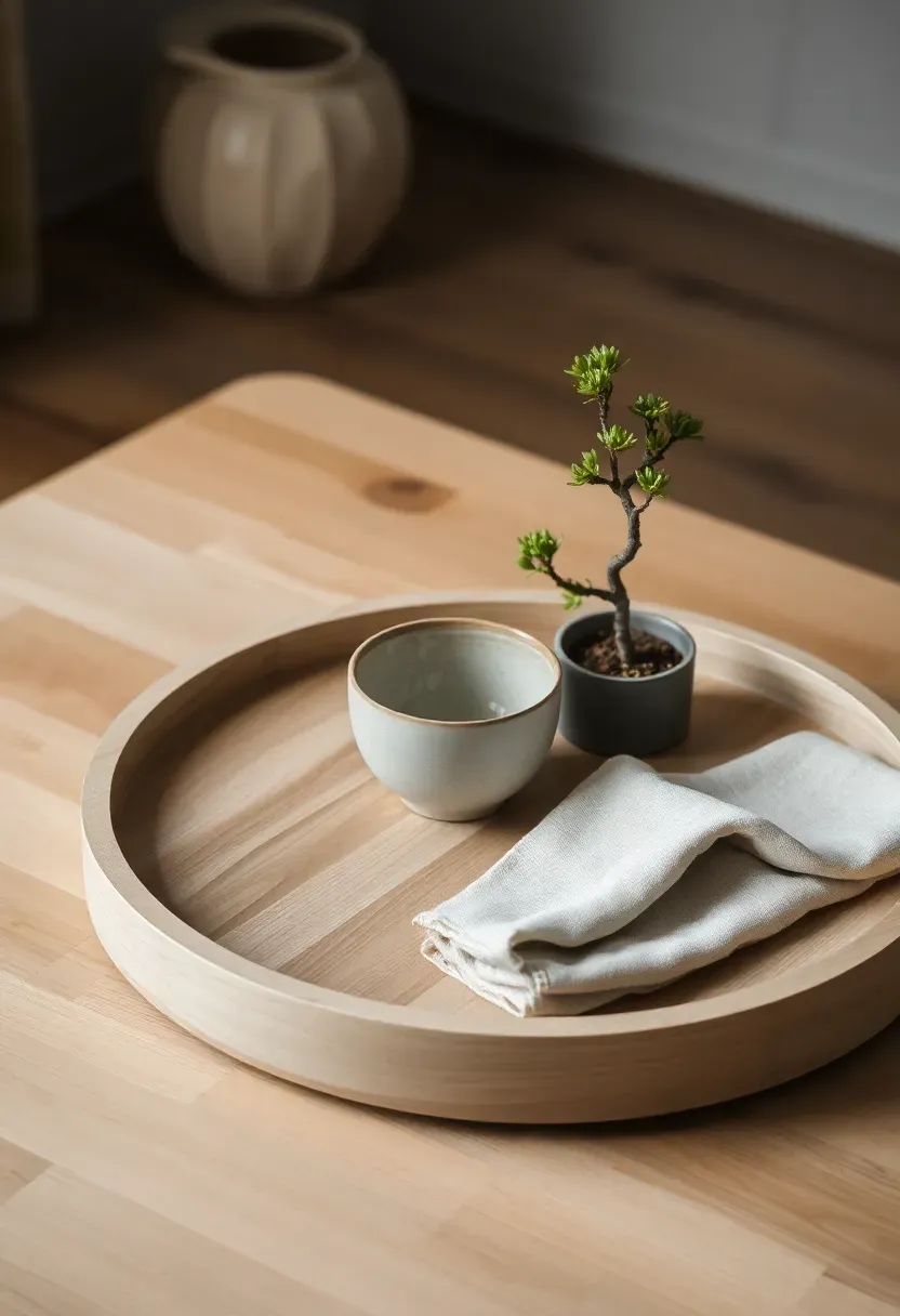 Large round tray on a cream upholstered ottoman with two drink coasters, small glass vase with fresh flowers, and room for guests' glasses