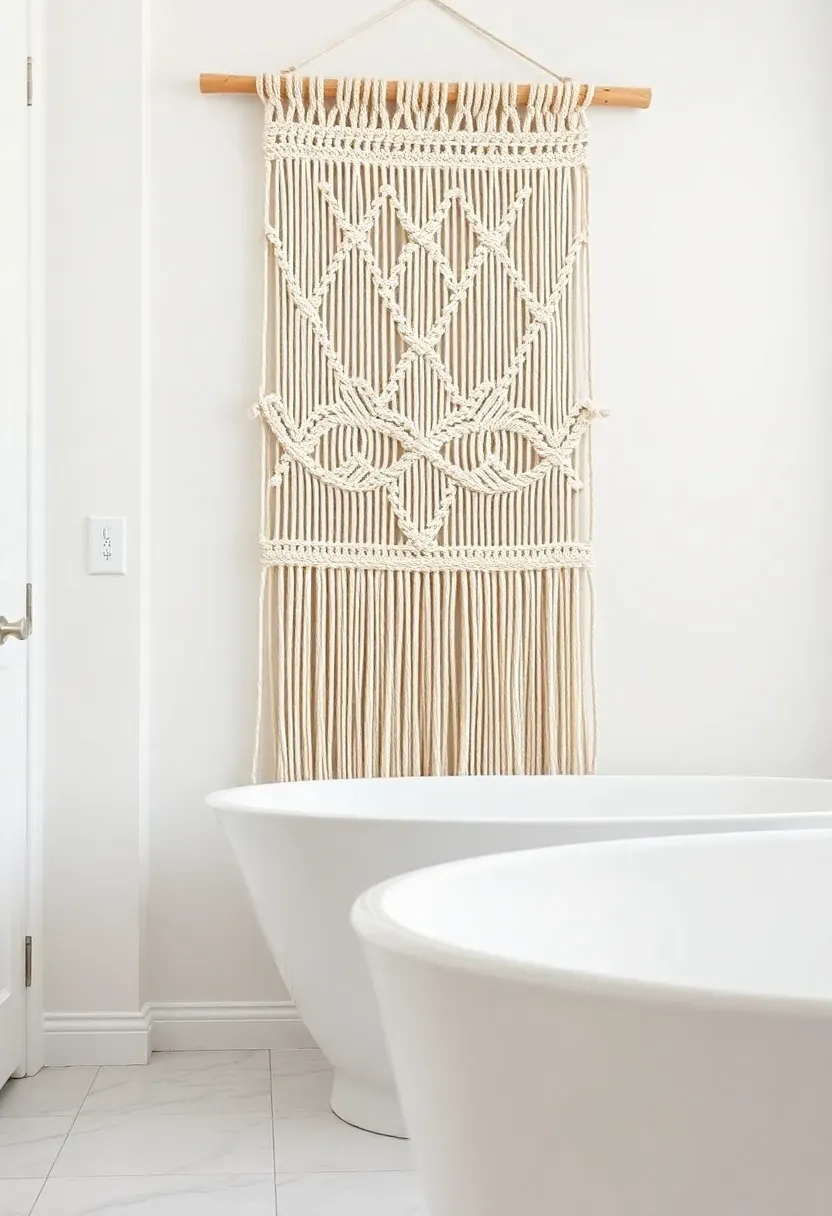 Large neutral-toned macrame wall panel with geometric diamond patterns on a wooden dowel in a bright modern bathroom