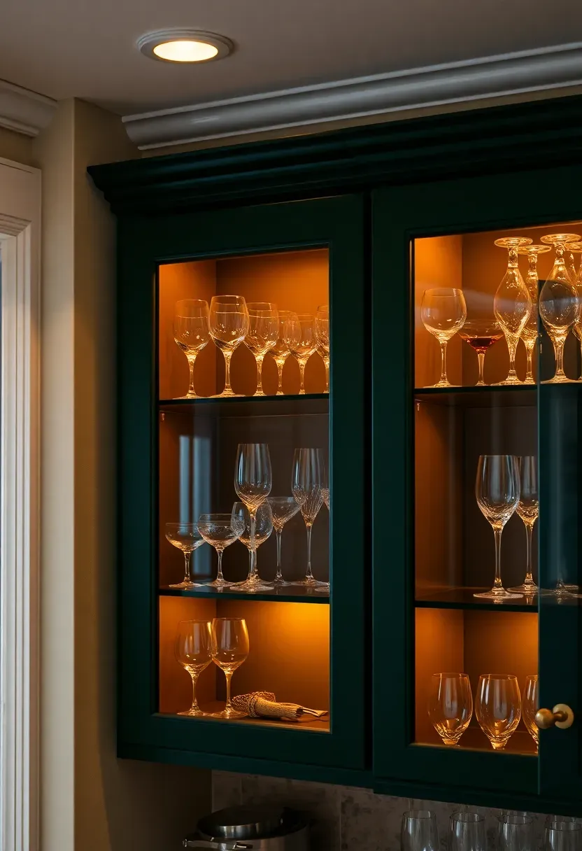 basement wet bar with glass-front upper cabinets showing organized rows of glassware and bottles with interior cabinet lighting