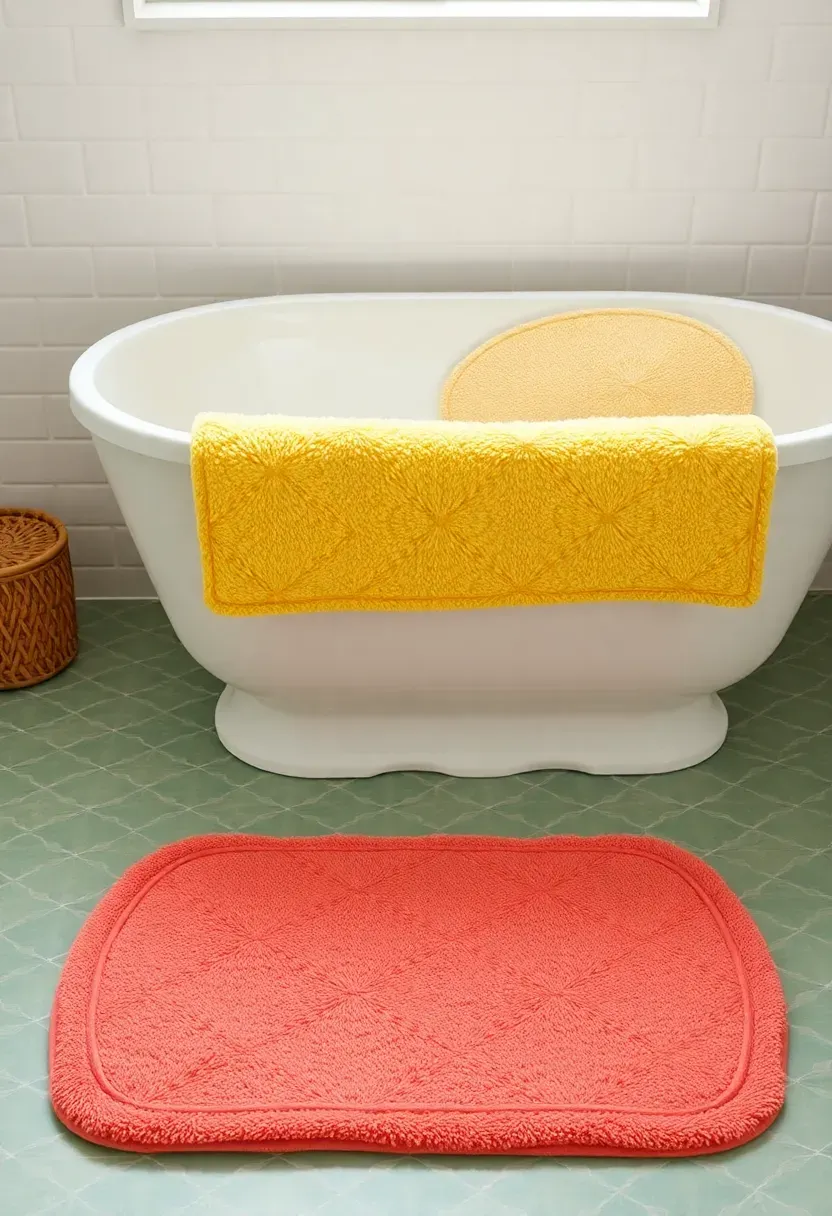 Layered colorful bath mats in geometric patterns outside shower and at toilet in a playful rental bathroom
