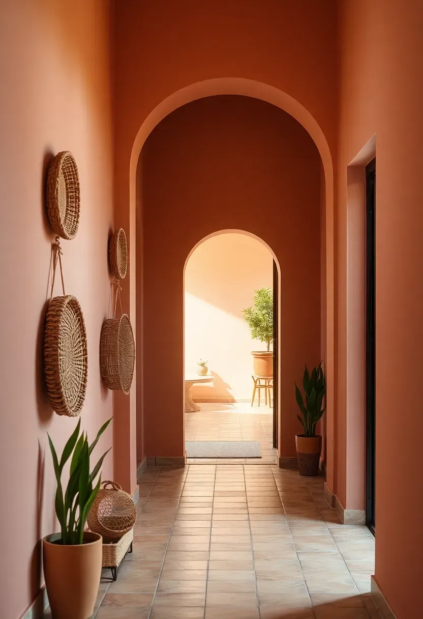 hallway painted in blushed terracotta with arched doorway and woven wall basket display
