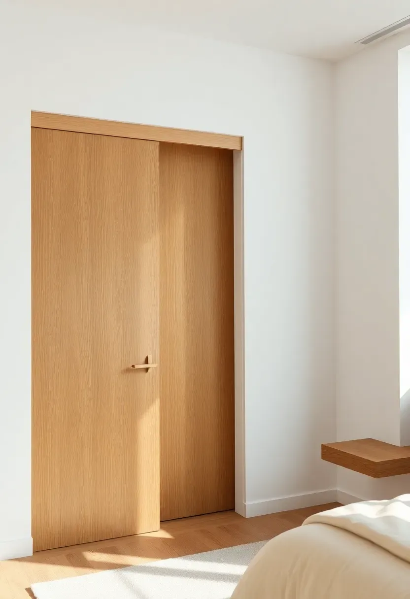 Built-in wardrobe with light wood sliding doors and minimal hardware