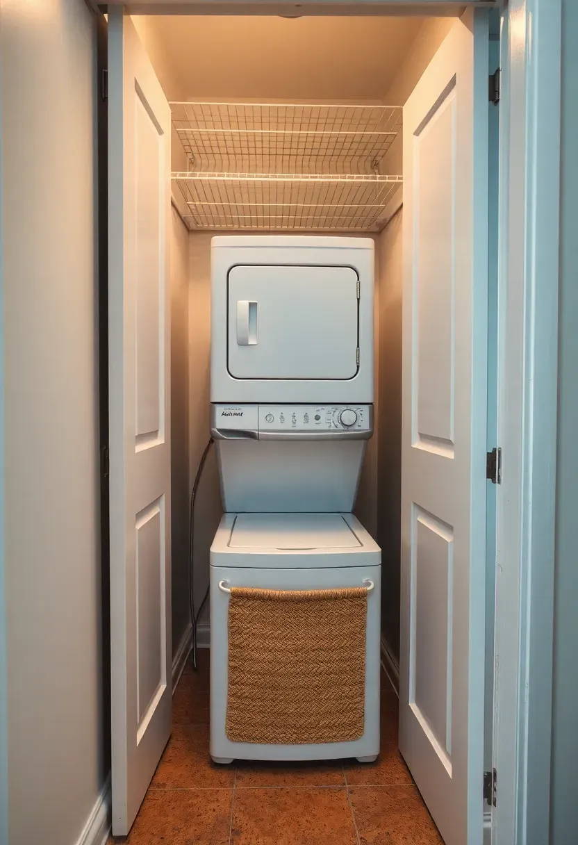 Hyper-realistic 3/4 view of a small closet laundry space with white stackable washer and dryer, white shelving above, pull-out hamper below, bi-fold doors partially open, cork floor tiles. Materials: painted metal appliances, wire shelving, woven seagrass hamper, cork flooring. Warm ambient light from hallway, LED strip light inside closet. Compact efficient mood, visible bedroom context beyond. No text, no logos, no watermarks.</p>