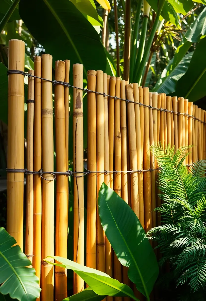 Rolled bamboo fencing attached to metal T-posts creating a tropical privacy screen in a lush green backyard
