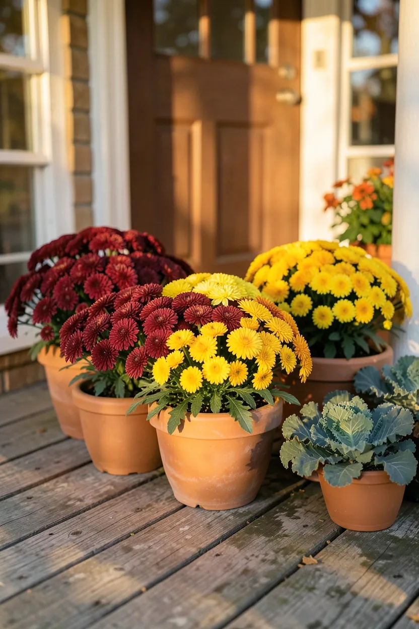 Hyper-realistic slightly elevated photograph of a fall front porch lined with potted chrysanthemums in burgundy, yellow, and orange colors arranged in groups of three. Materials: terracotta and ceramic pots, full mum blooms, ornamental kale plants, weathered porch floorboards. Bright afternoon sun with soft shadows, warm amber light throughout. Vibrant autumn garden atmosphere. Shallow depth of field, sharp details on flower petals, balanced composition showing front door and porch columns. No text, no logos, no watermarks.</p>
