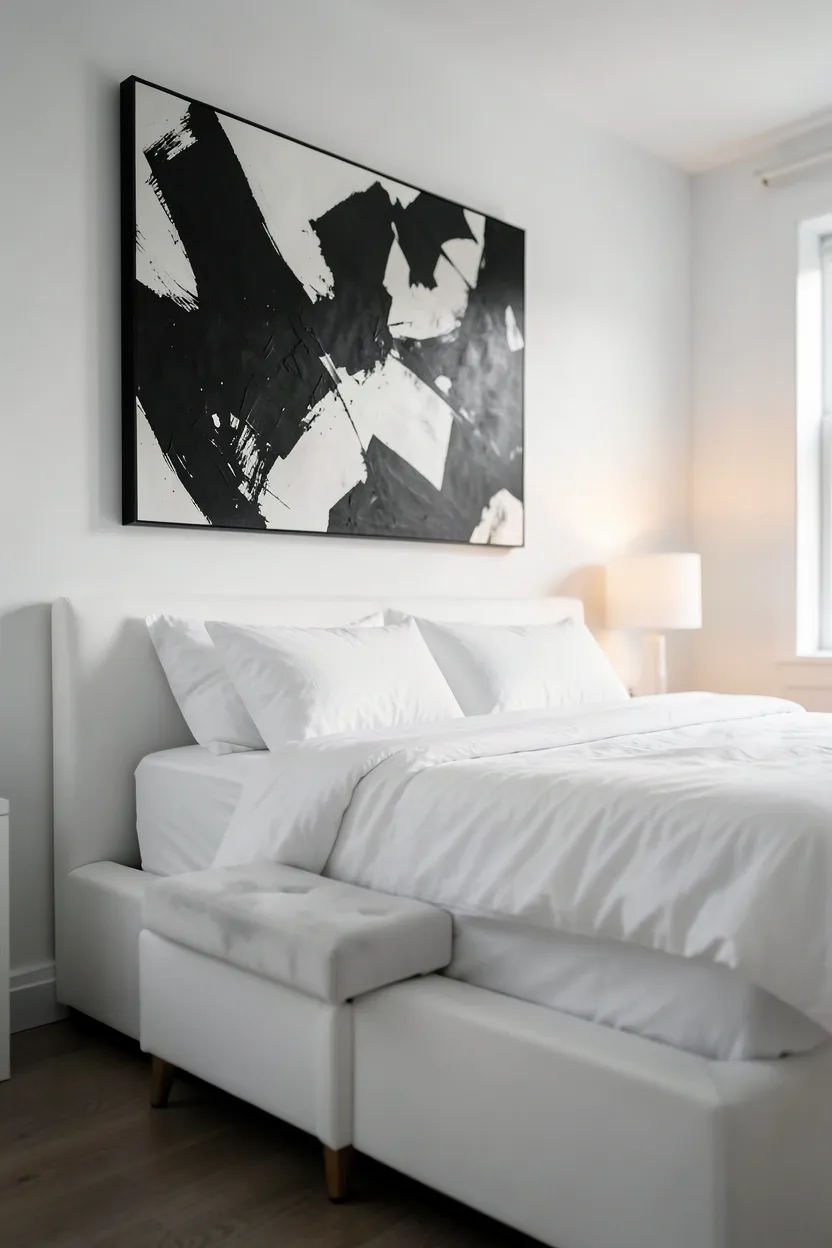Large black and white abstract art print in a black frame displayed above a bed as the focal point of a monochrome bedroom
