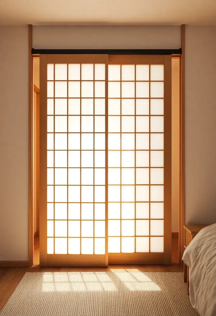 Japanese shoji inspired barn door with translucent rice paper panels in a light maple grid frame covering a closet in a minimalist bedroom