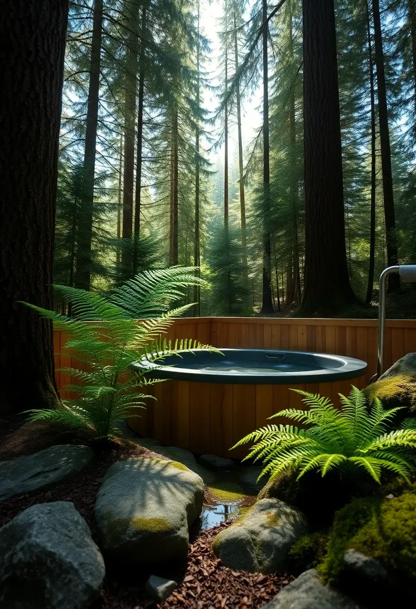 A hot tub nestled among tall trees in a forested backyard setting with a natural wood surround ferns growing nearby and dappled sunlight filtering through the canopy