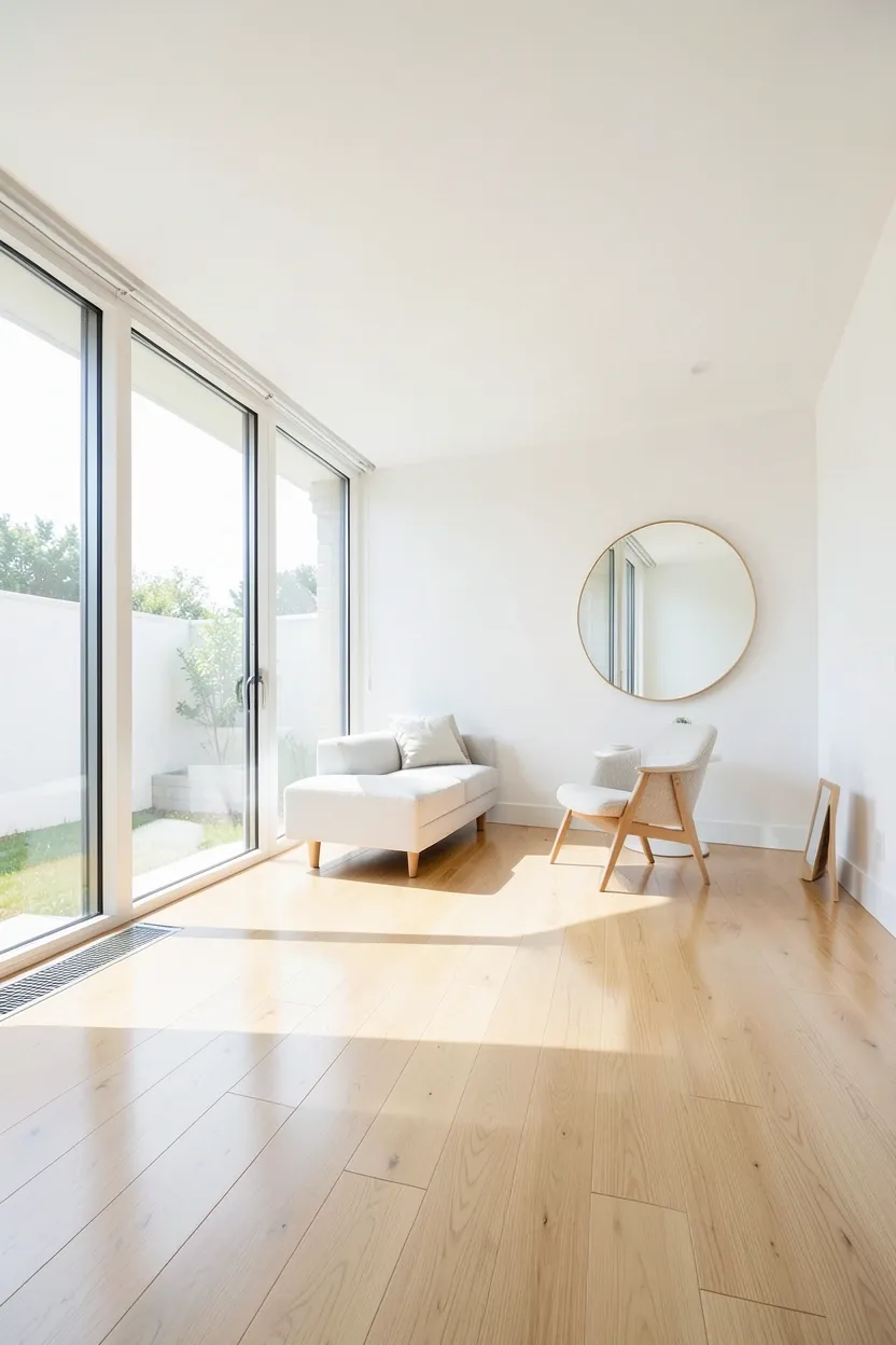 Hyper-realistic wide view of light-filled Japandi room maximizing natural daylight. Floor-to-ceiling windows with minimal window treatments, large round mirror opposite window reflecting and doubling light, glossy light oak wood floor reflecting sunlight, white walls bouncing brightness. Minimal furniture—simple low sofa, one chair. Pale materials throughout. Bright diffuse daylight flooding entire space, minimal shadows. Light-focused mood showing natural light as primary design element, fresh airy feeling, high-key brightness with subtle shadow depth.</p>