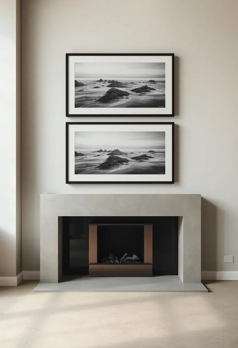 Three horizontal landscape photographs stacked vertically above a contemporary gas fireplace