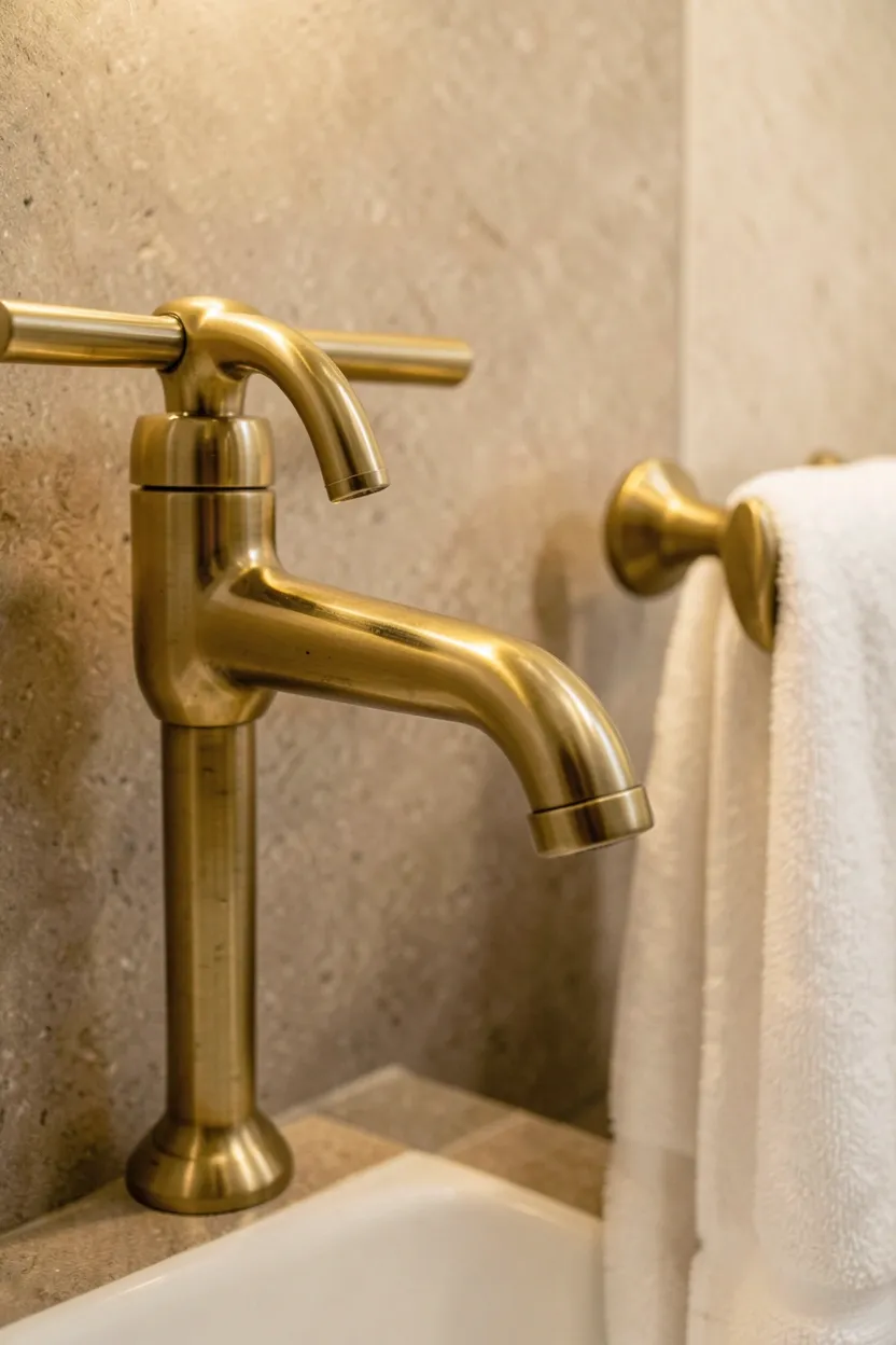 Cohesive brushed brass bathroom hardware including faucet, towel bar, and cabinet pulls in an elegant bathroom