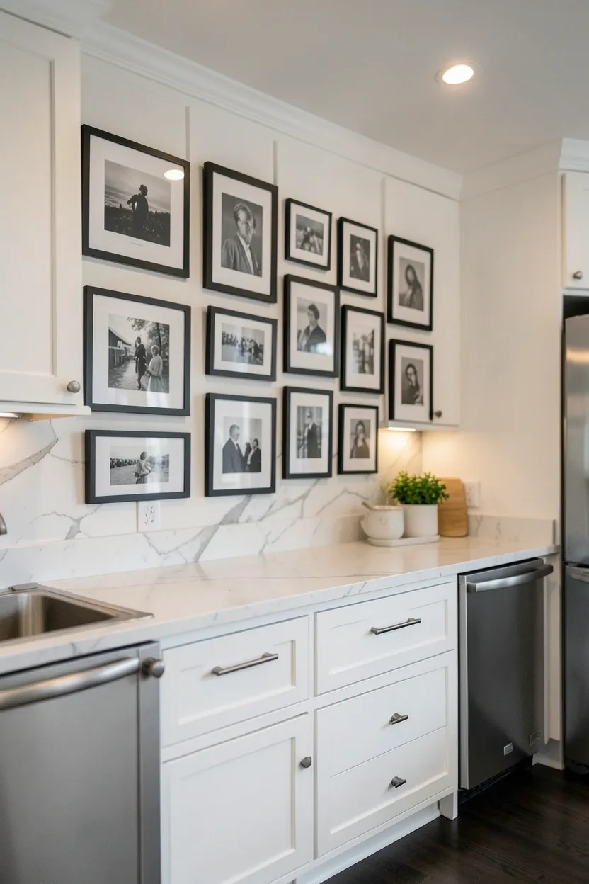 Mid-century modern kitchen with flat-panel white cabinets, black geometric backsplash tile and sculptural black pendant light fixtures in a retro monochrome style