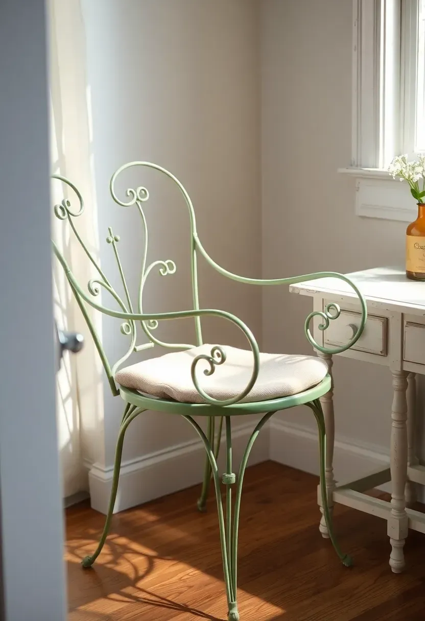 Vintage painted metal garden chair in soft sage green used as indoor seating with a cushion beside a small table