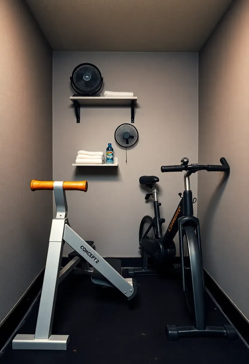 Rowing machine and air bike side by side in a narrow basement alcove with a small fan and water bottle shelf on the wall