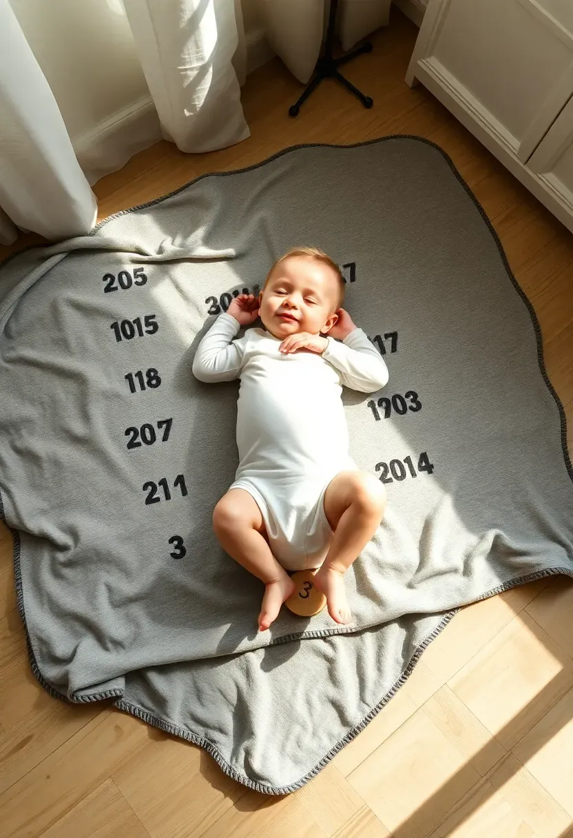 baby lying on a monthly milestone blanket with printed numbers and a wooden circle marker on a bedroom floor
