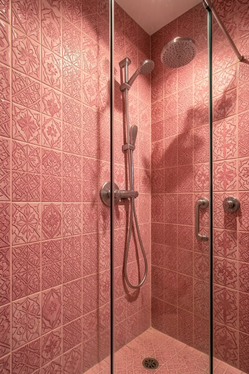 Pink Moroccan tile pattern on bathroom feature wall with intricate geometric shapes, globally-inspired pink bathroom design