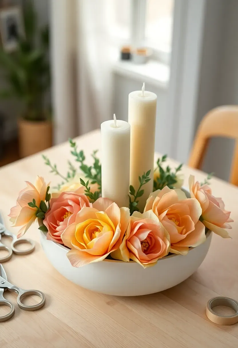 DIY paper flower and candle arrangement spring centerpiece craft project