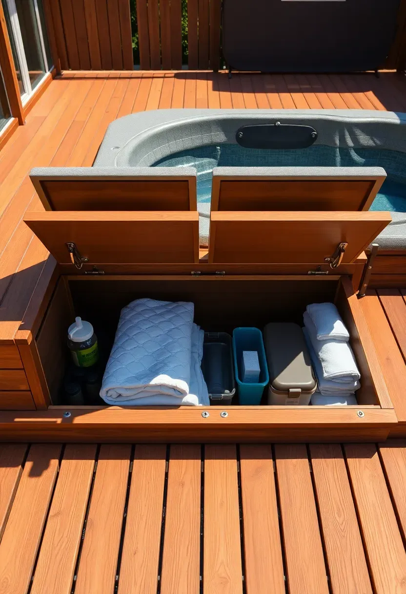 A raised composite deck with hinged bench lids along the sides revealing storage compartments for swim spa chemicals, towels, and covers