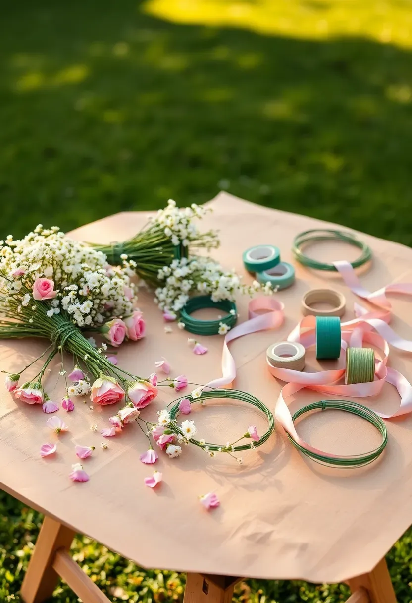Craft table with fresh flowers, floral wire, and ribbon for a DIY flower crown station at an outdoor teen birthday party
