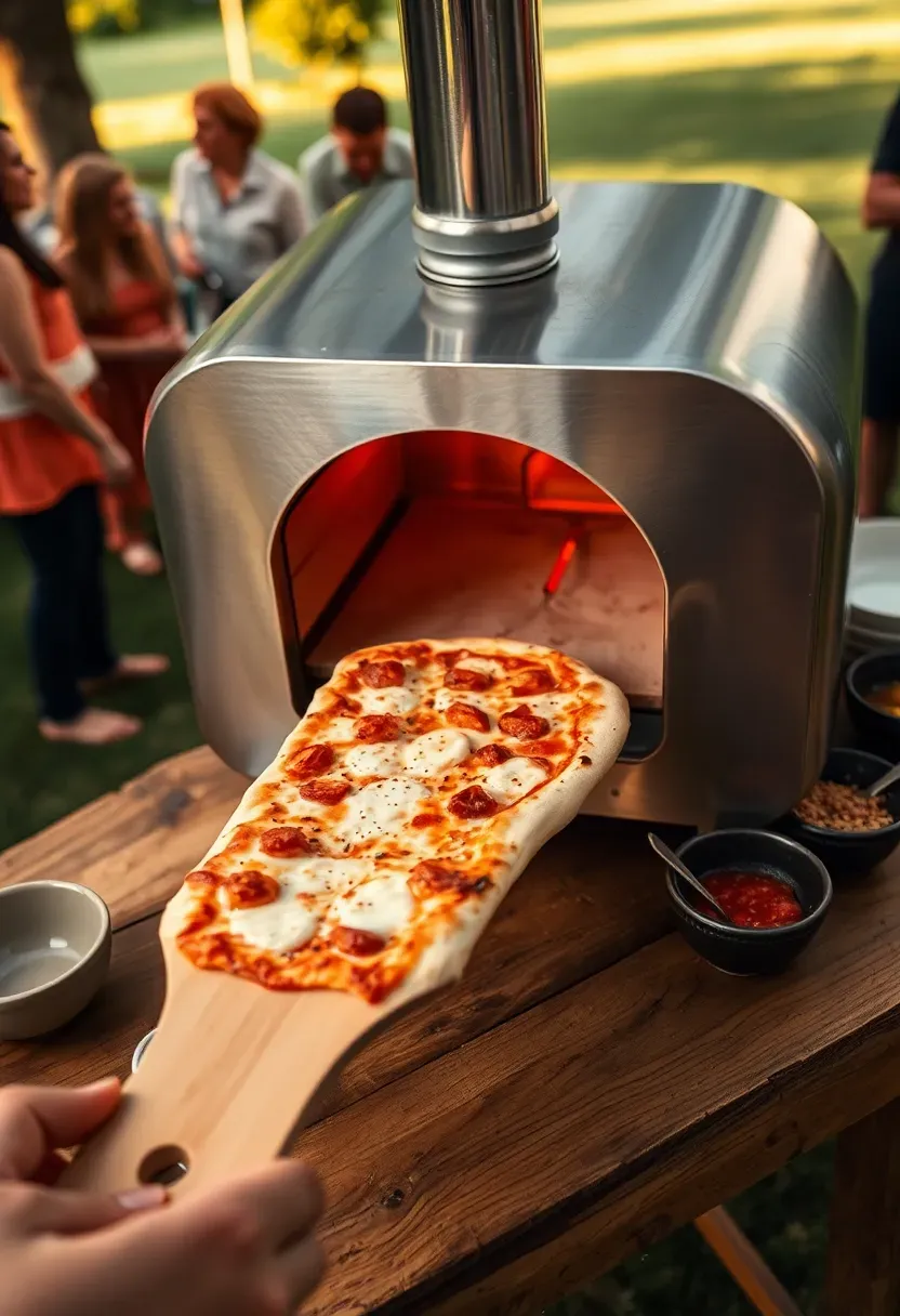 A portable wood-fired pizza oven on a table at a backyard wedding with a person pulling out a fresh pizza, guests watching nearby