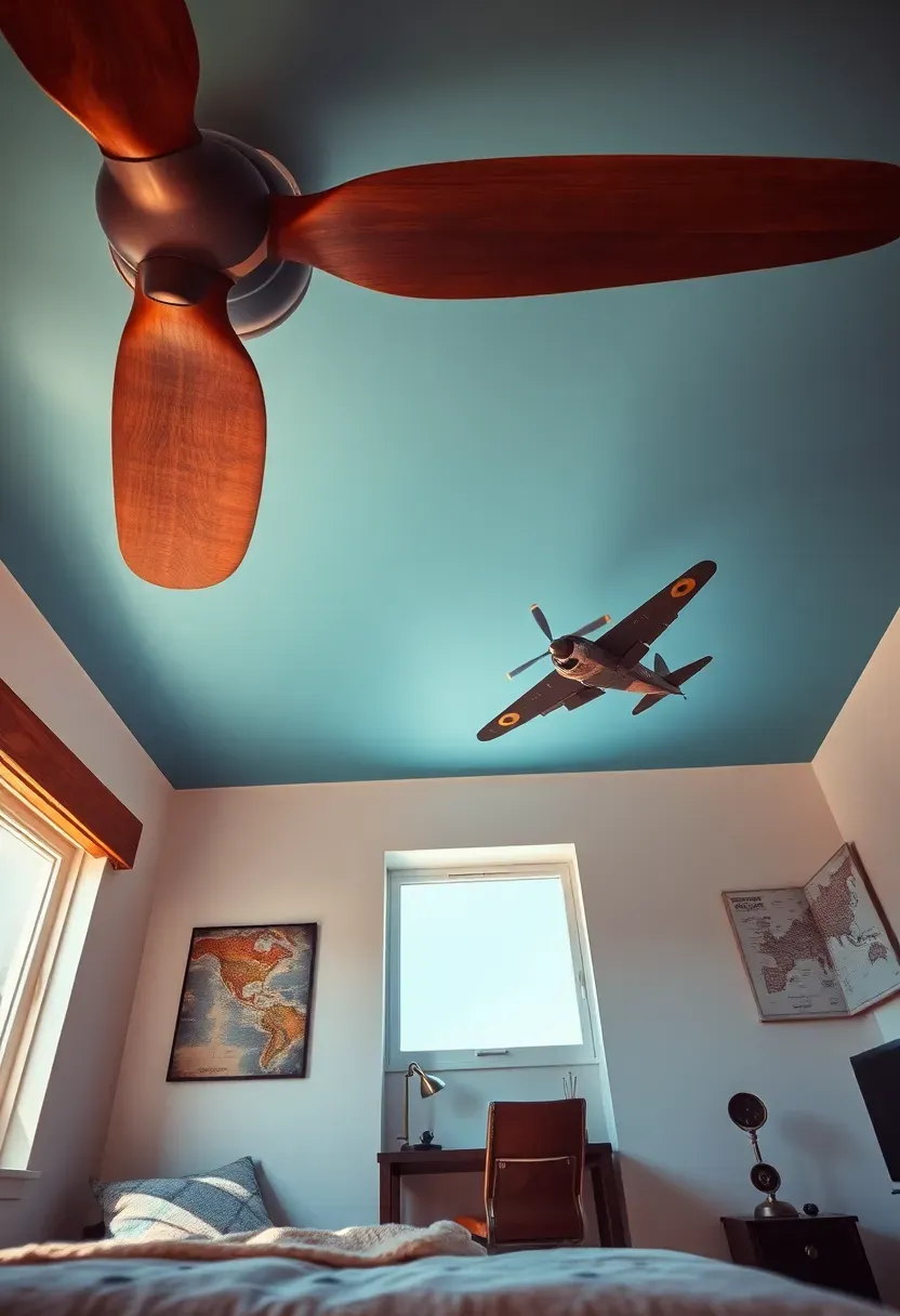 Aviation-themed boy bedroom with a vintage propeller wall decoration, sky blue ceiling, model airplanes, and flight map bedding