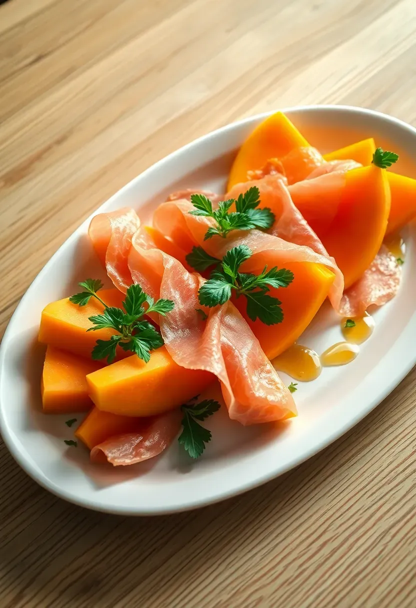 elegant prosciutto and cantaloupe melon platter with arugula mint leaves and honey drizzle on a white oval serving dish