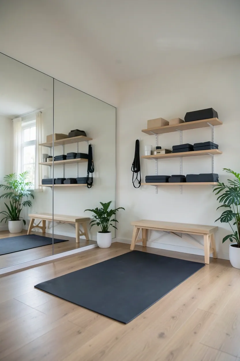 Floor-to-ceiling mirror in small apartment yoga and Pilates corner with rolled mat and minimal wall storage