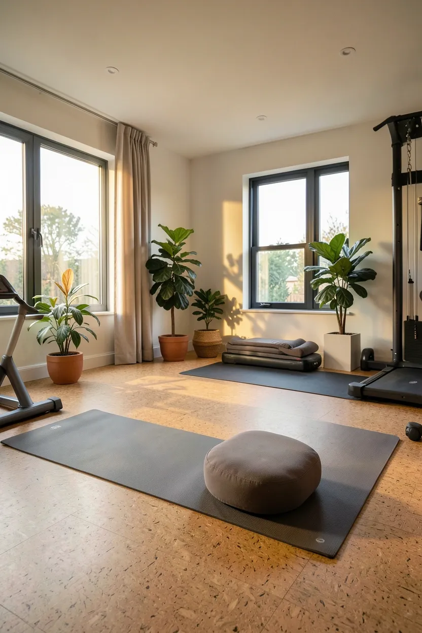 Eco-friendly home gym with cork flooring, reclaimed wood shelving, recycled rubber floor tiles, and potted plants for natural air purification