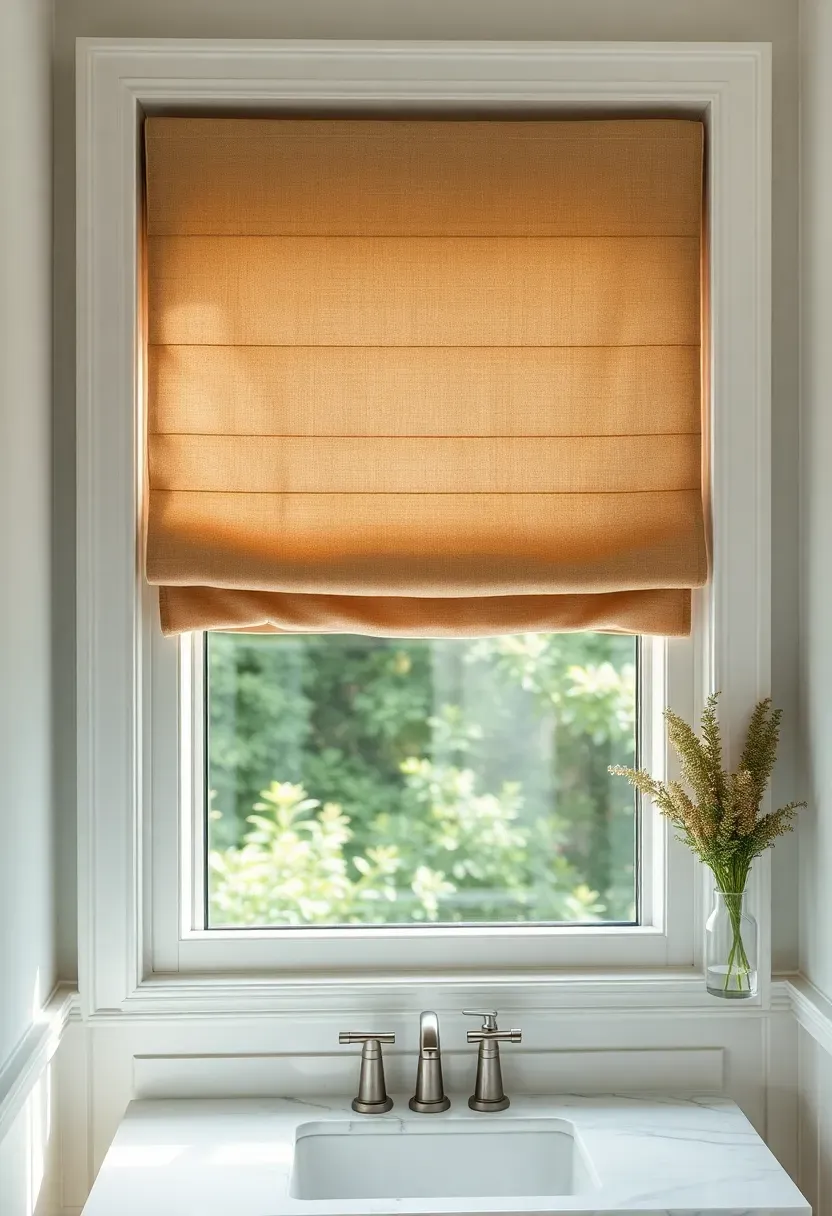 Bathroom window with a natural linen blend roman shade half raised showing green garden view outside