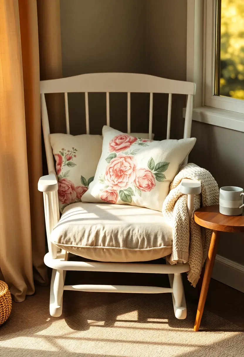 nursing glider chair with rose-patterned cushion in cozy nursery nook beside window