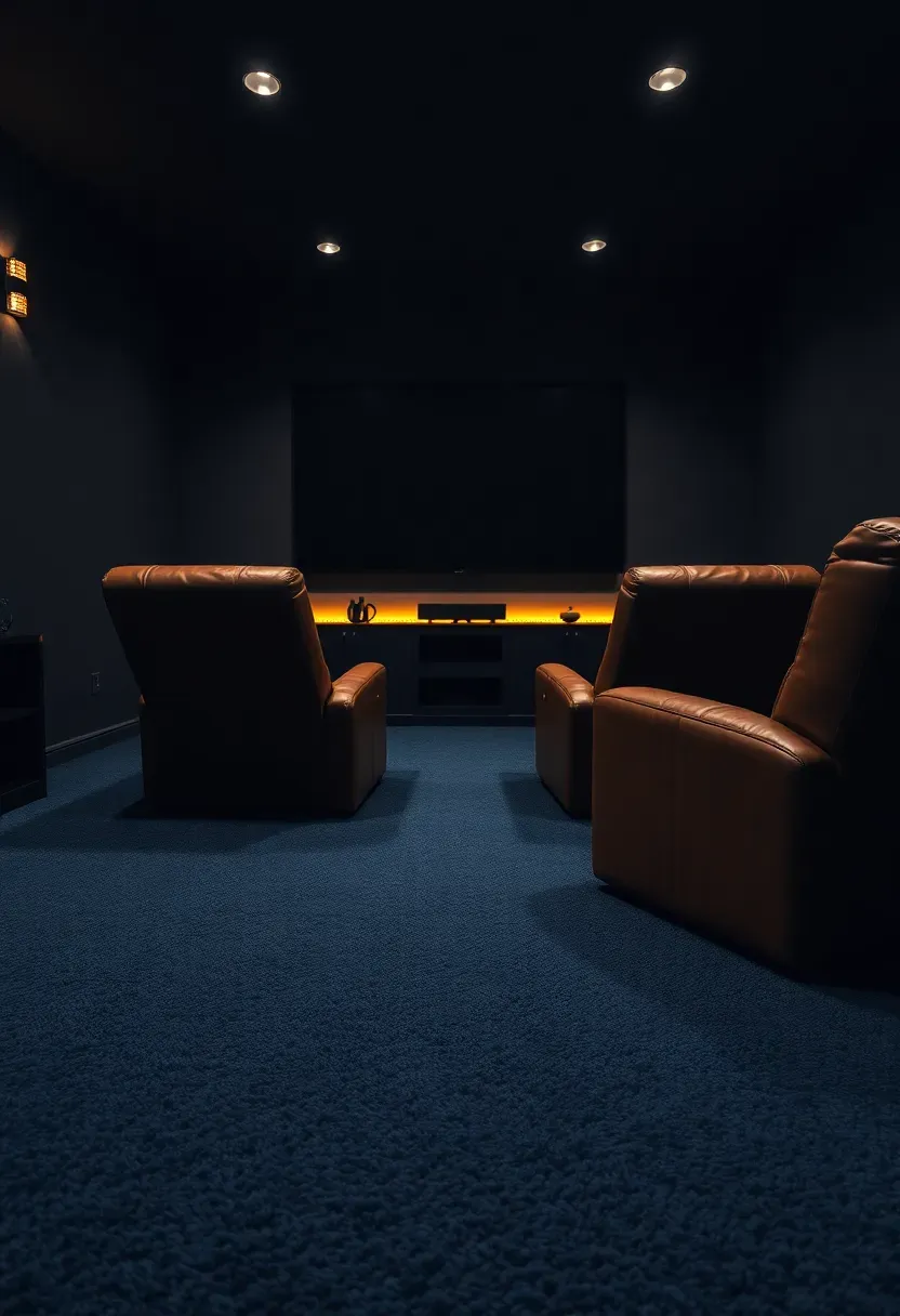 dark plush cut pile carpet in a cozy basement home theater with recliners