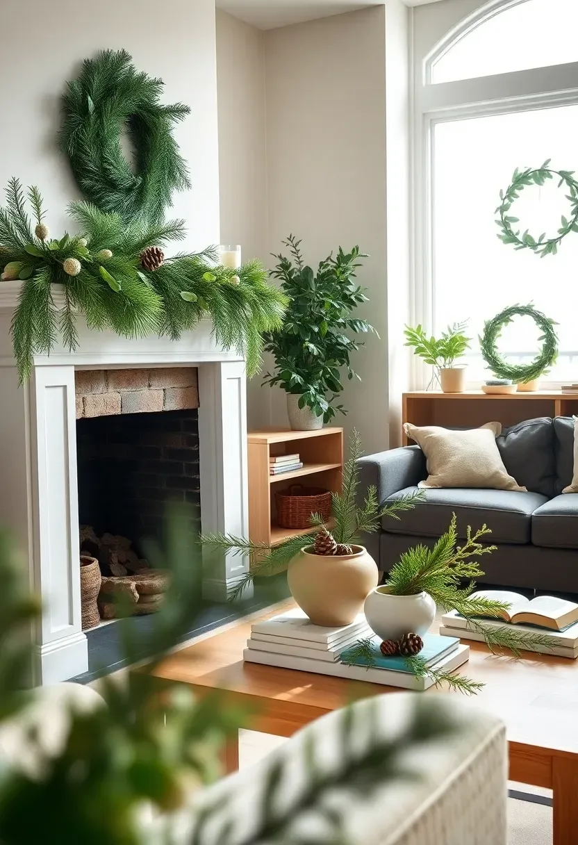 Hyper-realistic wide angle of light-filled living room with integrated natural greenery: pine cedar and eucalyptus swag across white wooden mantel with mixed cones, casual arrangement of greens in ceramic vessel on coffee table, stems tucked between books on open light oak bookshelf, minimal eucalyptus wreath on beige wall. Materials: fresh pine needles, cedar leaves, eucalyptus, pine cones, matte ceramic, raw wood. Bright morning light from large window (5000K daylight) creating crisp shadows on varied green textures, visible room context with neutral gray sofa wooden floor. Fresh organic mood like Cereal magazine, shallow depth of field foreground details, composition showing room-spanning greenery placement. No text logos watermarks.</p>