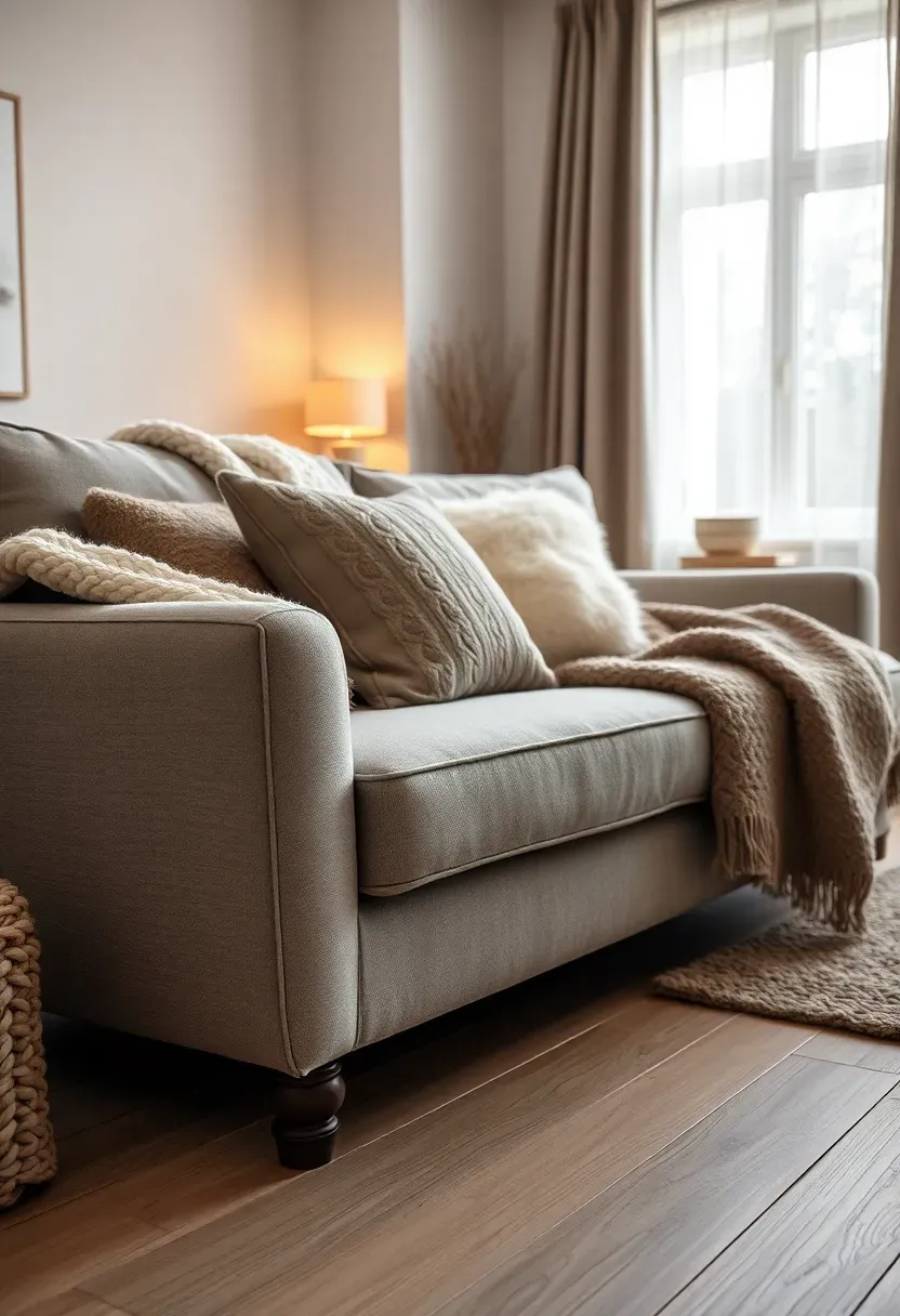 Hyper-realistic 3/4 view of a cozy Nordic living room in winter mode showing a light gray sofa layered with cold-weather textiles—a chunky knit wool throw in cream, a textured wool pillow cover in warm gray, a white sheepskin rug draped over the arm, and heavier curtains. Light wood floor, white walls, warm ambient lighting. Materials: chunky cable knit wool, sheepskin wool, heavier wool textiles, warm lighting from lamps. Cozy winter atmosphere emphasizing tactile warmth and thermal comfort. Intimate hygge feeling with layered textiles. Same room base that works in summer with lighter textiles. Shallow depth of field showing sofa and layered textiles foreground with room context beyond. No text, no logos, no watermarks.</p>