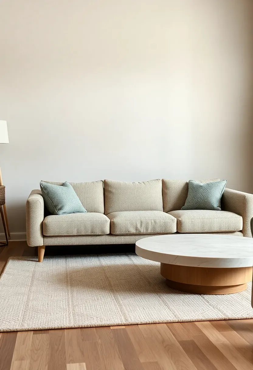 Low-profile modern sofa with clean upholstered lines and tapered wood legs sitting on a neutral wool rug