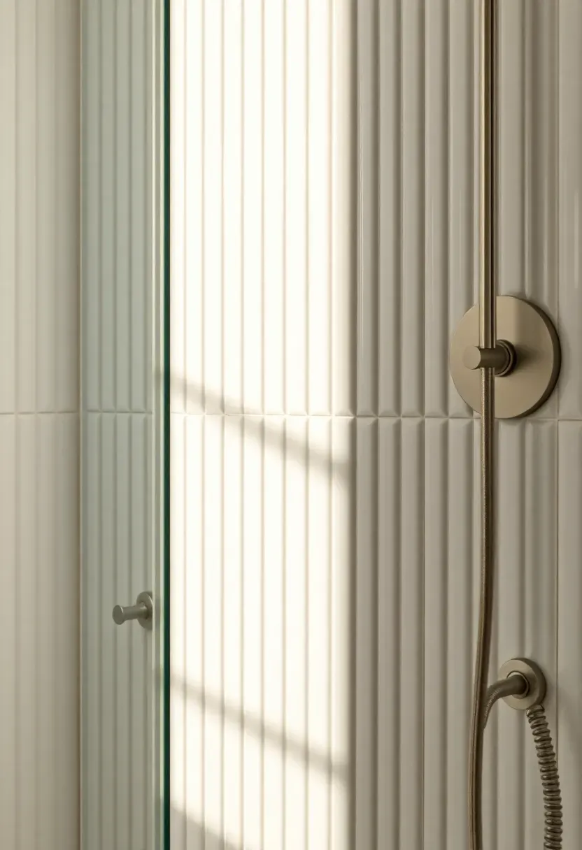 Hyper-realistic close-up of white ceramic tiles with vertical ribbed texture creating subtle shadow lines, white grout blending, hints of frameless glass shower and brushed nickel fixtures. Materials: white ceramic relief tiles, white grout, brushed nickel fixtures. Warm low diffused sidelight, creamy whites with subtle shadow depth. Textural minimalist mood, shallow depth of field with sharp tile relief detail, soft shadows. Vertical 2:3 framing. No logos.</p>