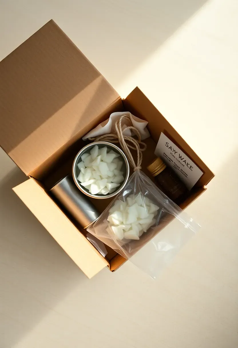 diy candle making kit with wax flakes wick and fragrance oil in a small box for baby shower