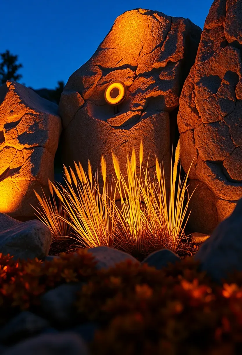 Rock garden at dusk with warm LED uplights illuminating granite boulders from below, casting dramatic shadows across ornamental grasses and ground-hugging sedums
