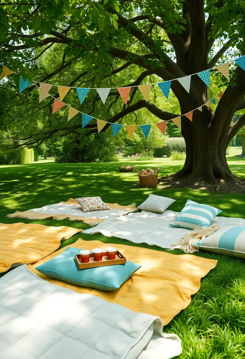 A birthday picnic area with colorful blankets and floor cushions spread on grass under a tree with bunting overhead