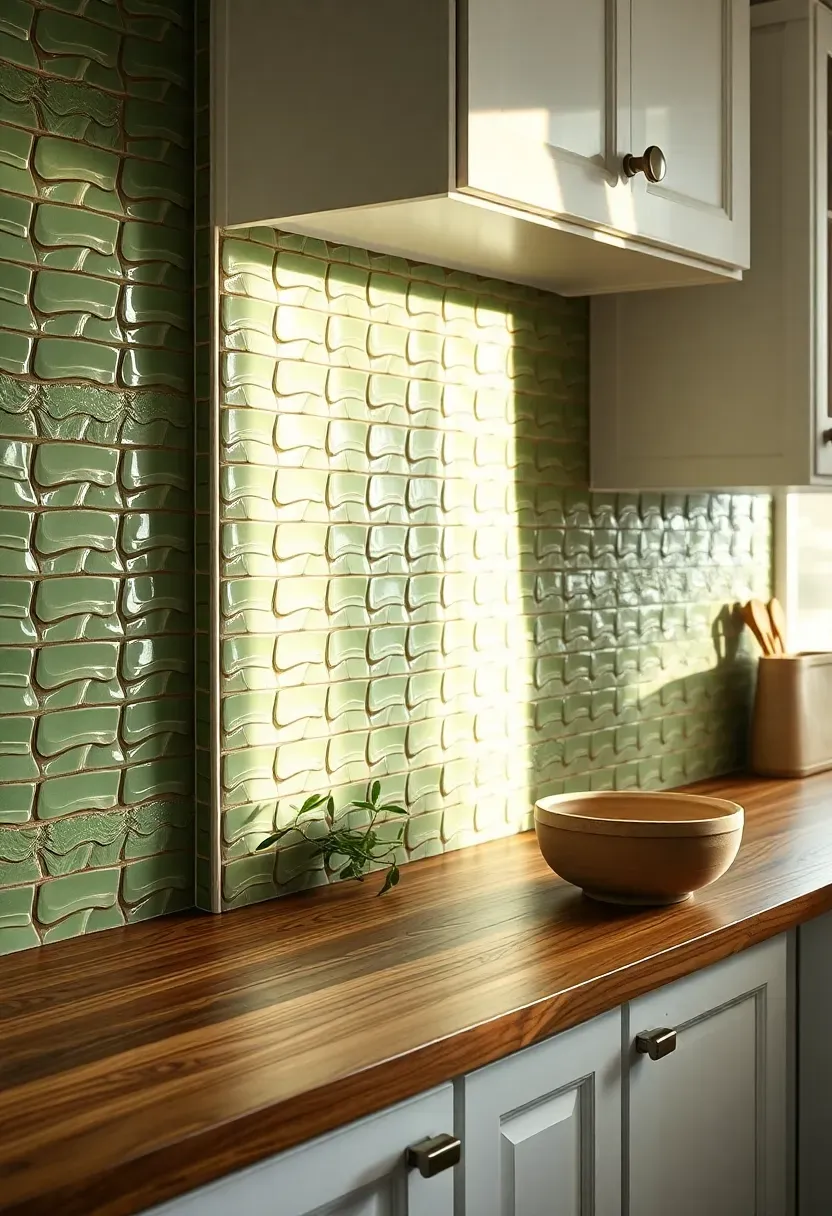 sage green handmade zellige tile backsplash with uneven surfaces catching light in kitchen with white shaker cabinets and wooden countertop