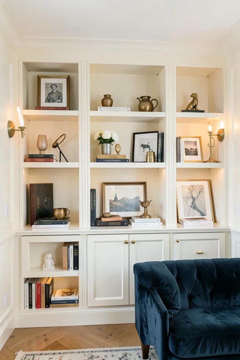 Styled open bookshelf with vertically and horizontally arranged books, small ceramic vases, and framed art in a curated luxury apartment living room