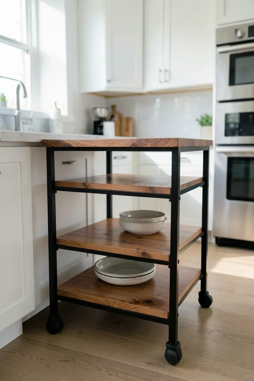 Rolling black metal kitchen cart with warm wood butcher block top — portable storage and prep space ideal for renters