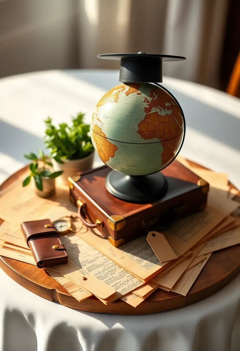 Travel-themed graduation centerpiece with a vintage globe, small map cutouts, and a miniature suitcase