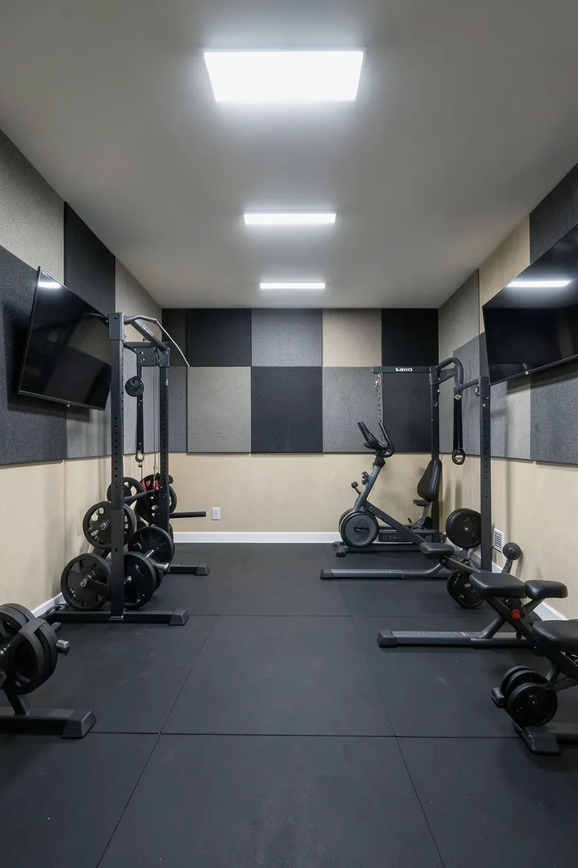 Basement home gym with acoustic panels on walls, thick rubber flooring, overhead LED panel lighting, and a wall-mounted TV for workout videos