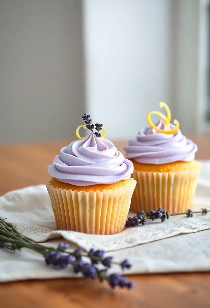 sophisticated lavender earl grey cupcakes with pale purple buttercream and dried lavender bud garnish on a linen tablecloth
